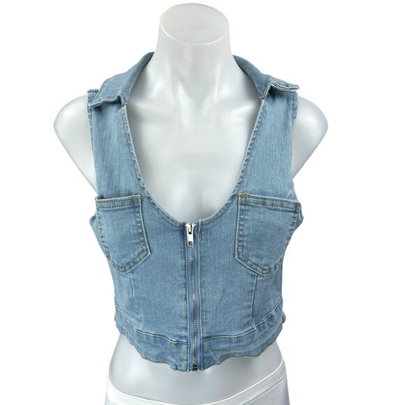 Women's Zipper Collar Sleeveless Patch Pockets Denim Jean Crop Vest Tank Top M - Picture 1 of 3